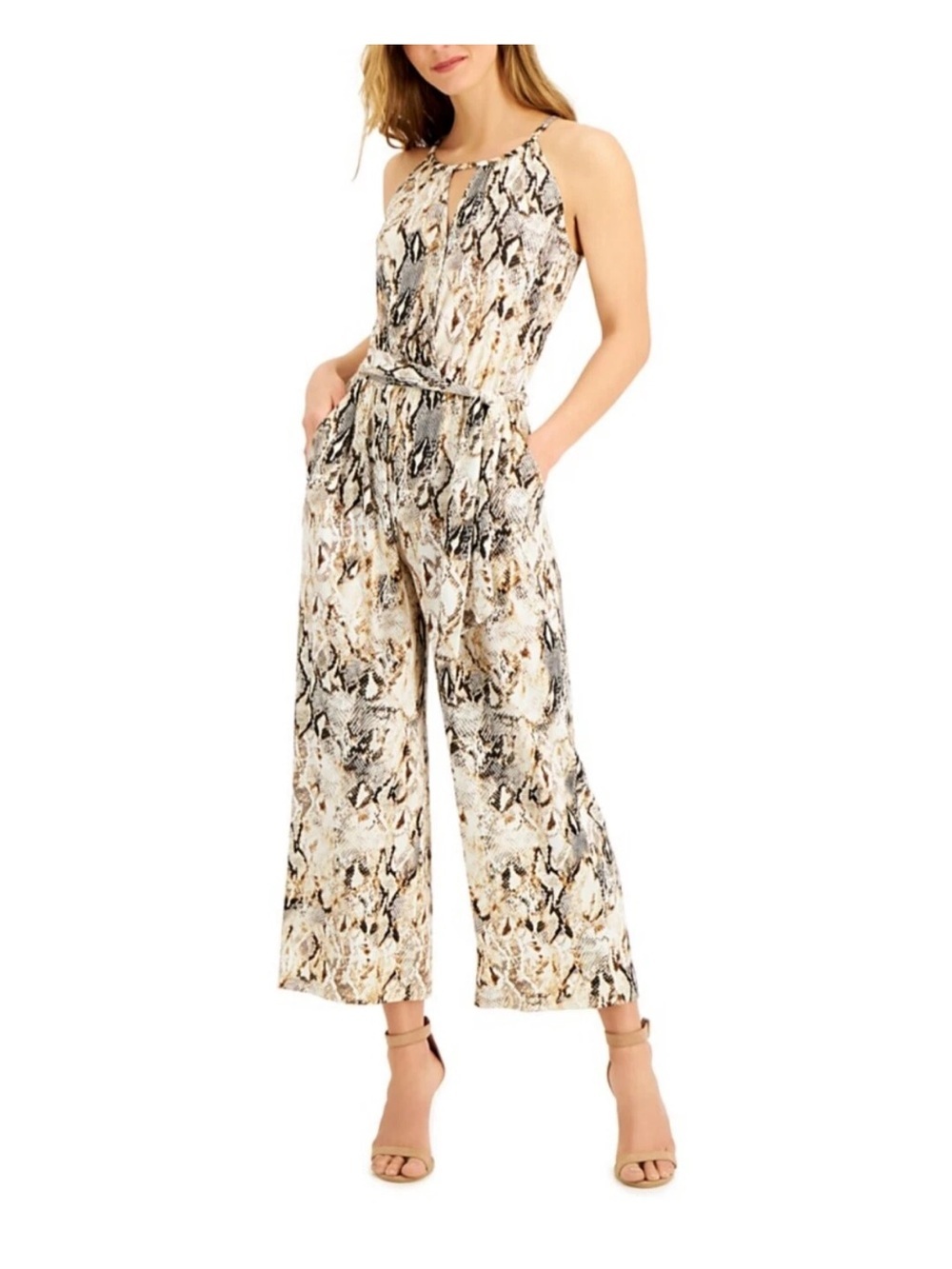 Studio Snake-Print Sleeveless Wide-Leg Jumpsuit in Neutral Tones